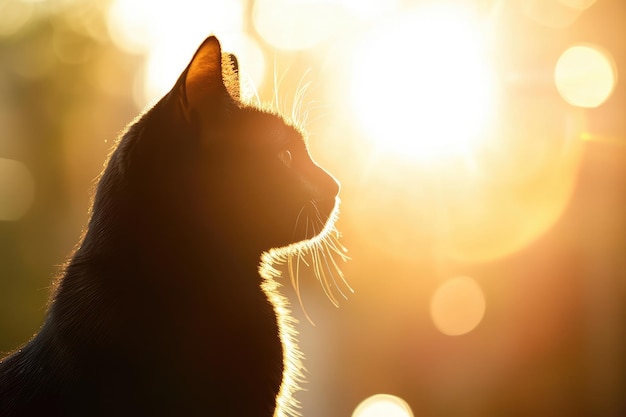 Black Cat Silhouetted Against Golden Sunset with Blurred Background