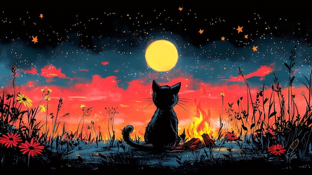 Photo black cat silhouetted against a night sky with a full moon