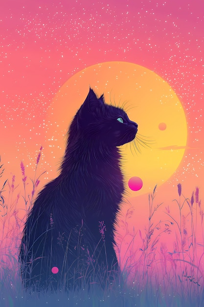 Photo black cat silhouetted against a pink and orange sunset