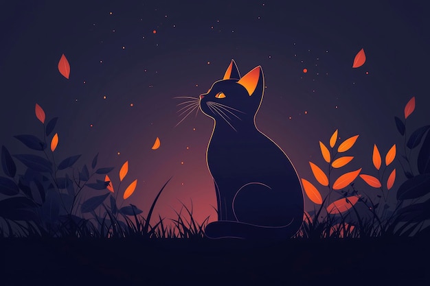 Black Cat Silhouetted Against a Starry Night Sky