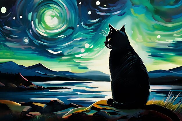 Photo black cat silhouetted against a whimsical night sky