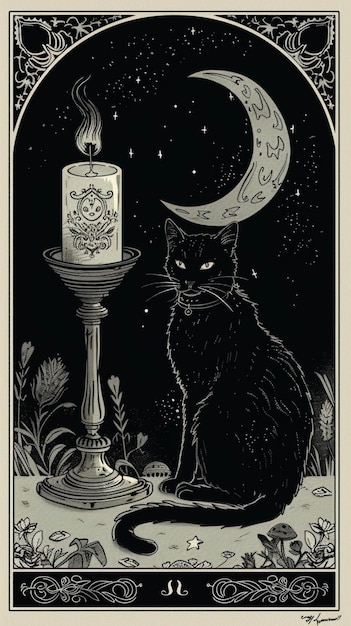 Photo a black cat sits next to a candle that saysthe moonon it