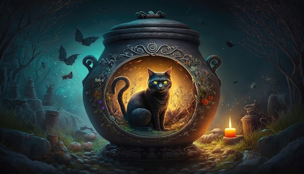 A black cat sits in a cauldron with a candle in it.