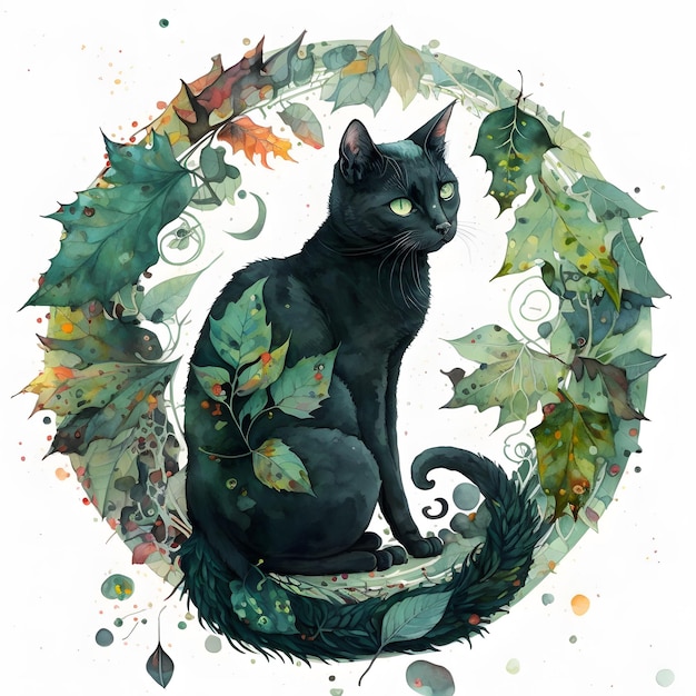 A black cat sits in a circle of leaves with the word cat on it.