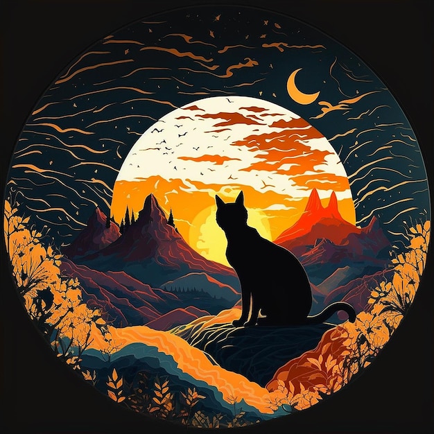 A black cat sits in a circle with the sun setting behind it.