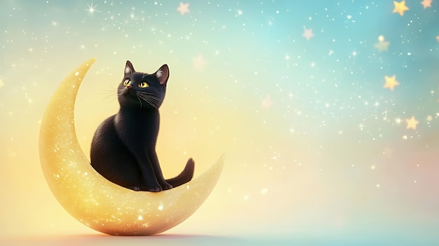 Photo a black cat sits on a crescent moon looking up at the stars in a whimsical night sky