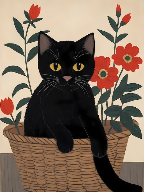 Photo a black cat sits in a flower pot with red flowers