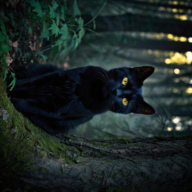 Photo a black cat sits in a forest with the yellow eyes glowing