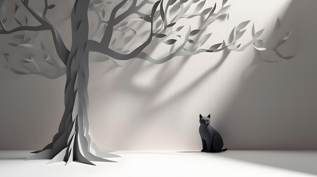 A black cat sits in front of a tree with paper cutouts.