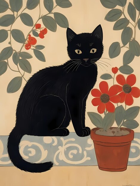 Photo a black cat sits next to a pot with red flowers