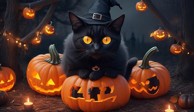 Photo a black cat sits in a pumpkin with the numbers 1 4 4 4 4 and a half - year old