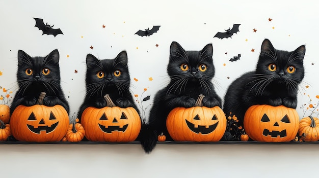 a black cat sits in a pumpkin with a pumpkin on the wall