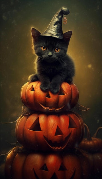 A black cat sits on a pumpkins with a black hat on its head.