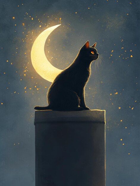 Photo a black cat sits on a rooftop gazing up at a glowing crescent moon in a starry night sky the