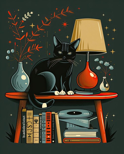 Photo a black cat sits on a shelf with books and a lamp