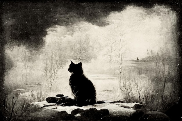 A black cat sits on a snowy surface in front of a lake.