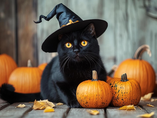 Photo a black cat sits next to some pumpkins