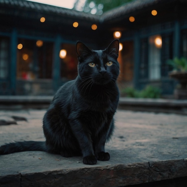 a black cat sits on a stone surface in front of a buildingMajestic Black Cats Posing Gracefully