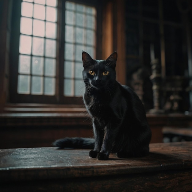 a black cat sits on a table in front of a windowPlayful Black Cats Enjoying a Cozy MomentElegant Tr