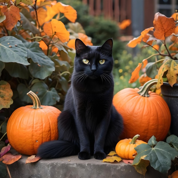 a black cat sits on a wall with pumpkins in the background