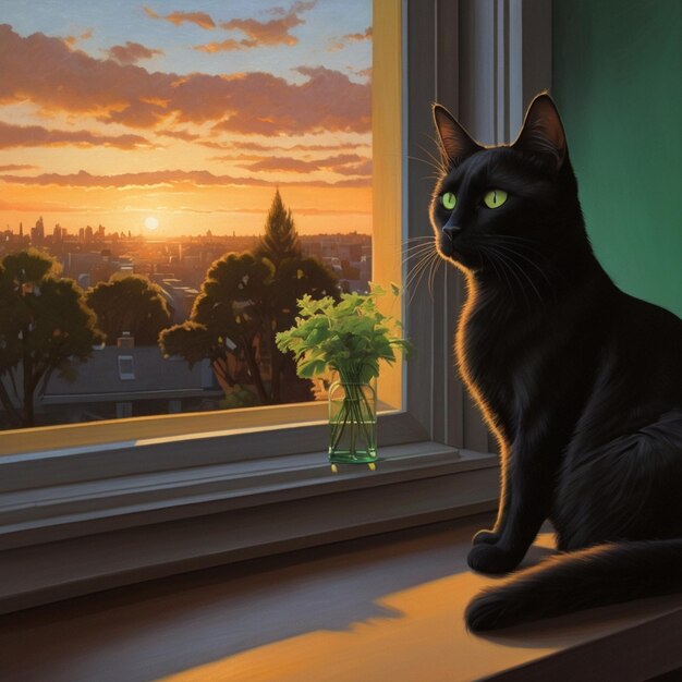 a black cat sits on a windowsill with a sunset in the background