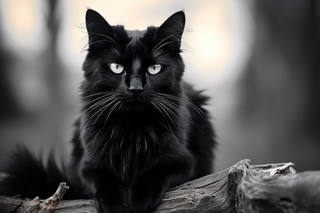 A black cat sitting on a branch in the woods