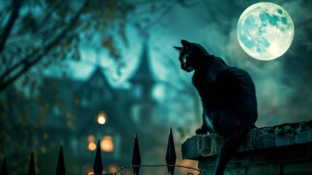 Photo a black cat sitting on a fence under a full moon with a haunted house in the background on halloween