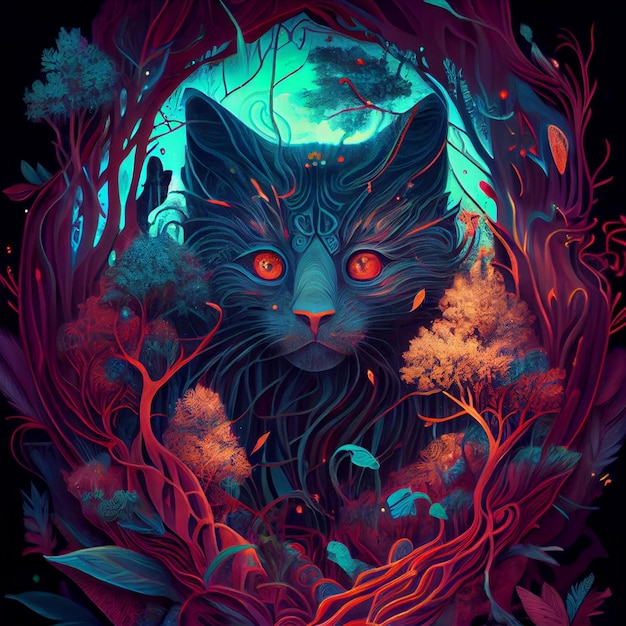 Black cat sitting in the middle of a forest generative ai