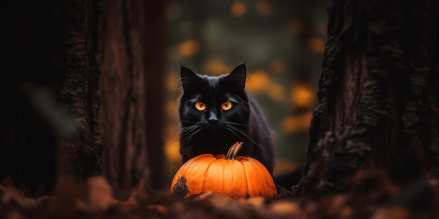 A black cat sitting next to a pumpkin generative ai image