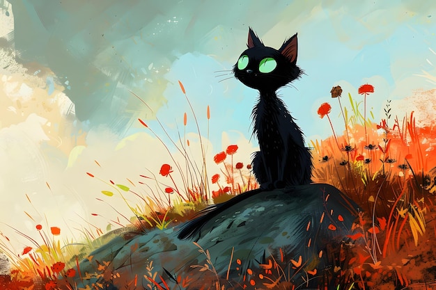 Photo black cat sitting on a rock in a field of flowers