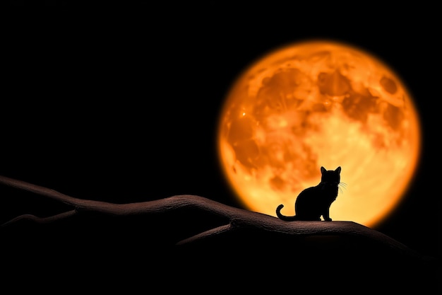 Photo black cat sitting on tree branch silhouetted against glowing orange full moon in spooky night scene