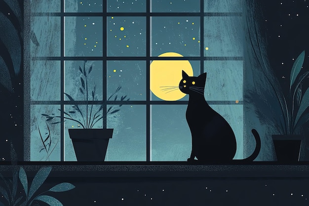 Photo a black cat sitting on a window sill at night