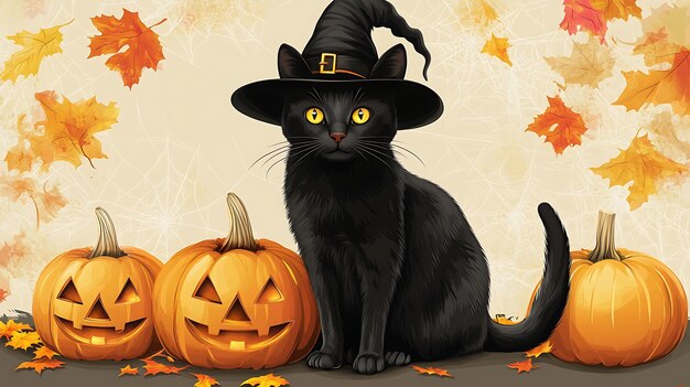 Photo black cat sitting next to a witch hat and pumpkins vector art