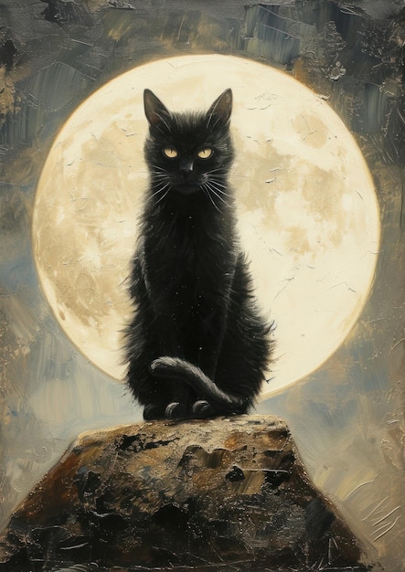 A black cat standing on a bright moon painting mammal animal