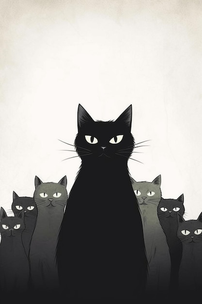 A black cat stands in front of a group of cats.