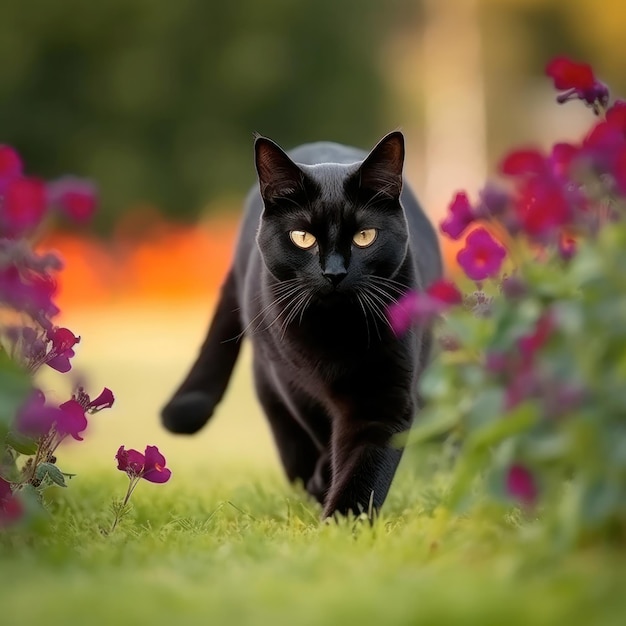 A black cat walking through a garden with flowers in the background.