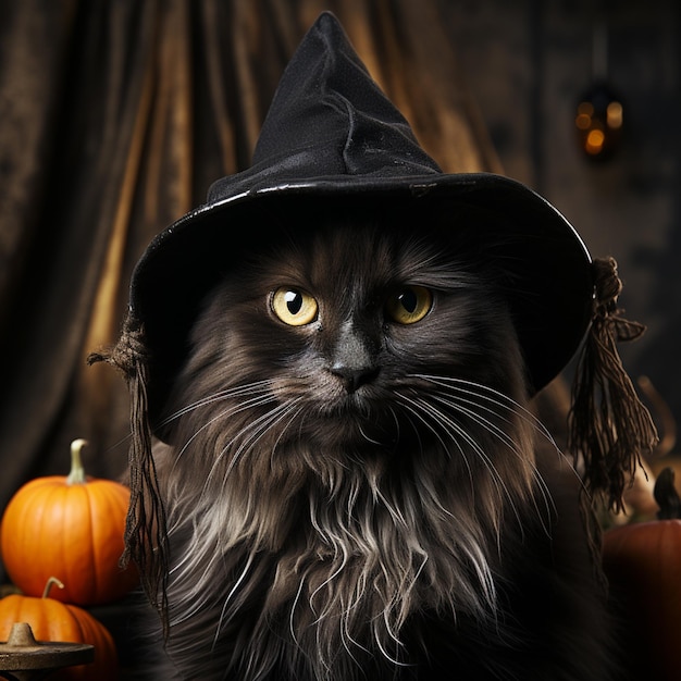 a black cat wearing a witch hat halloween theme