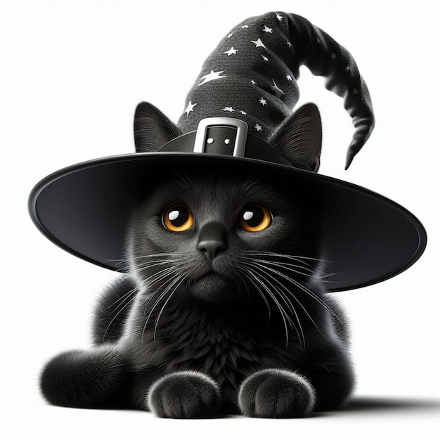 a black cat wearing a witch hat with a black hat on it