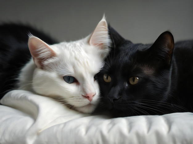 Black cat and white cat hugging each other