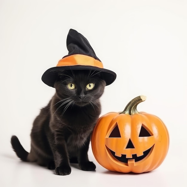 Black cat in a witch hat with a pumpkin on a white background