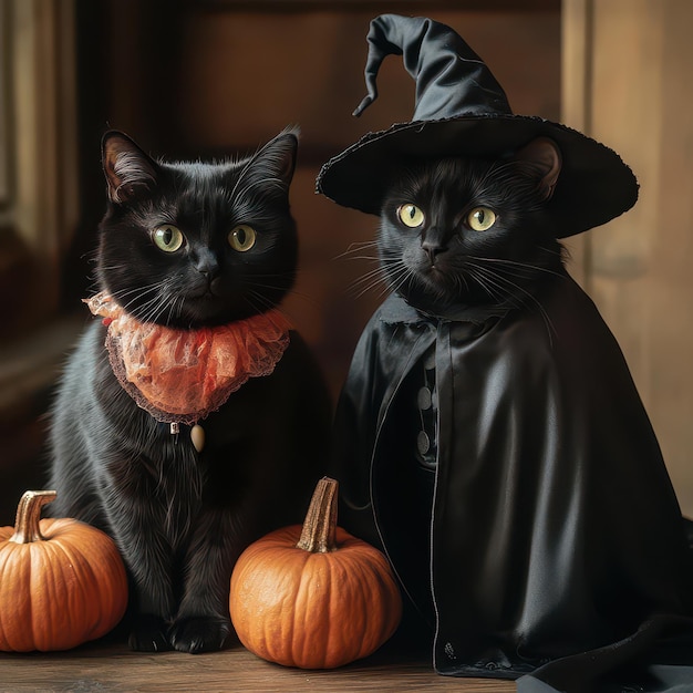 a black cat with a black hat and a black cat wearing a black cape