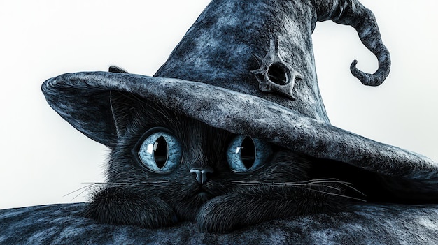 Photo a black cat with blue eyes and a black hat