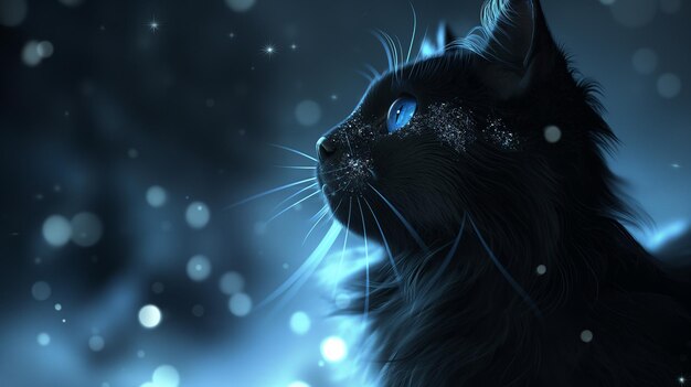 a black cat with blue eyes and a blue background with stars