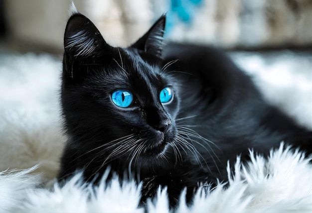 a black cat with blue eyes looking at the camera