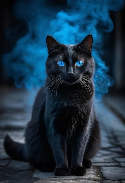 a black cat with blue eyes sits in front of a smoke