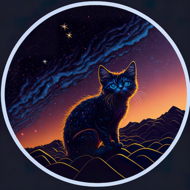 A black cat with blue eyes sits on a hill with a star in the background.