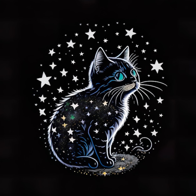 A black cat with blue eyes sits on a rock with stars on it.