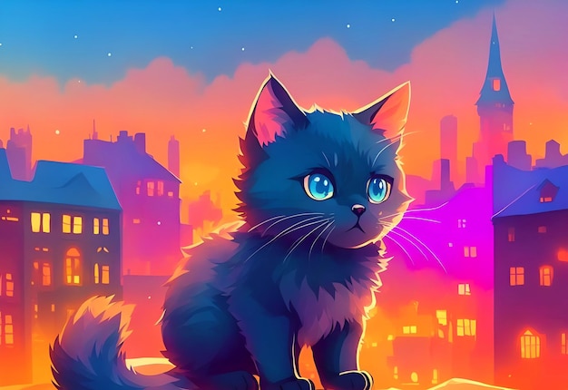 A black cat with blue eyes sits on a rooftop.