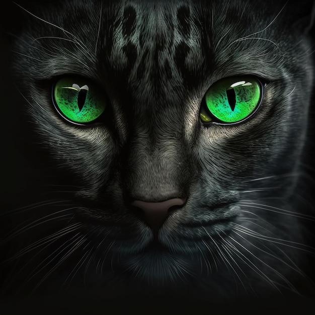 A black cat with blue green