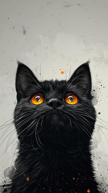 Black Cat with Bright Orange Eyes Art Minimalist Design for Posters Cards and Decor